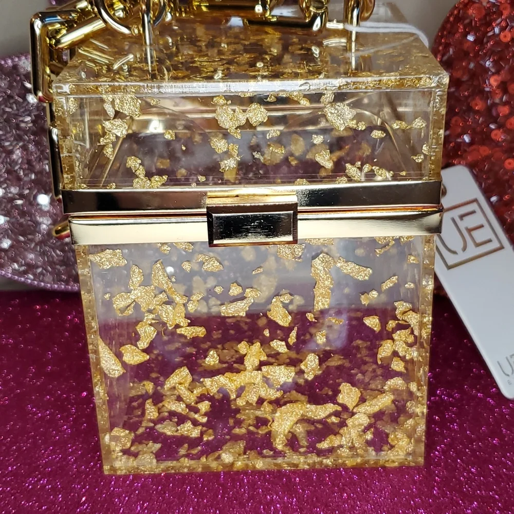 🎉HP🎉Urban Expressions 💜NWT💜 Acrylic Gold Foil Box Bag & Gold Chain Handle! - Picture 7 of 15